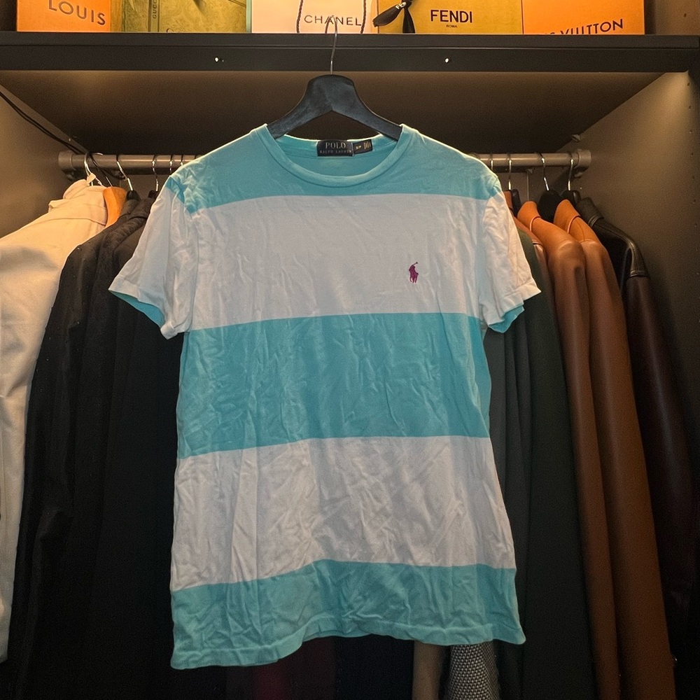 POLO Ralph Lauren Men’s Short-Sleeved Striped T-Shirt (Turquoise & White)